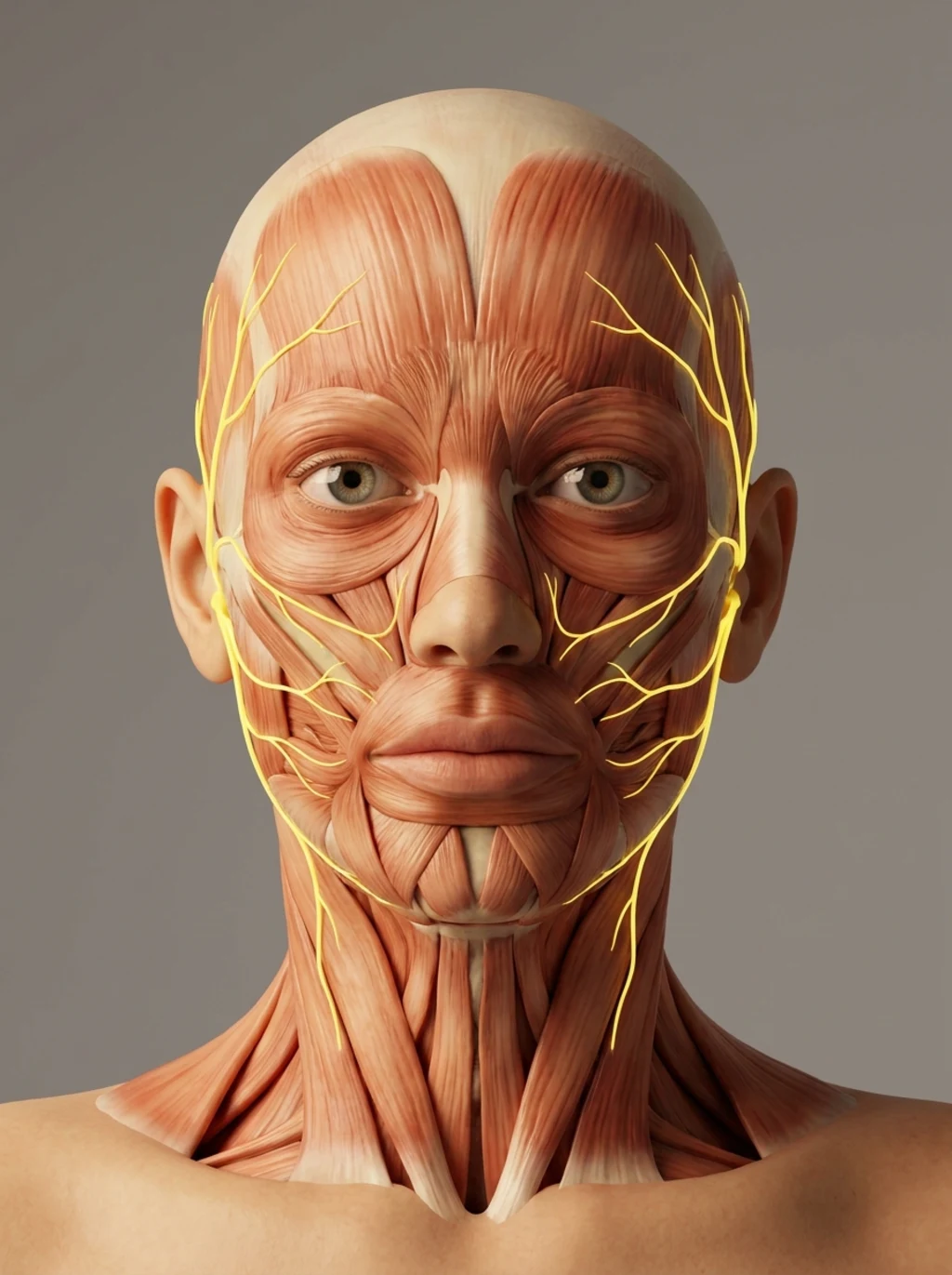 Rappresentazione anatomica della muscolatura facciale e del nervo facciale in vista frontale