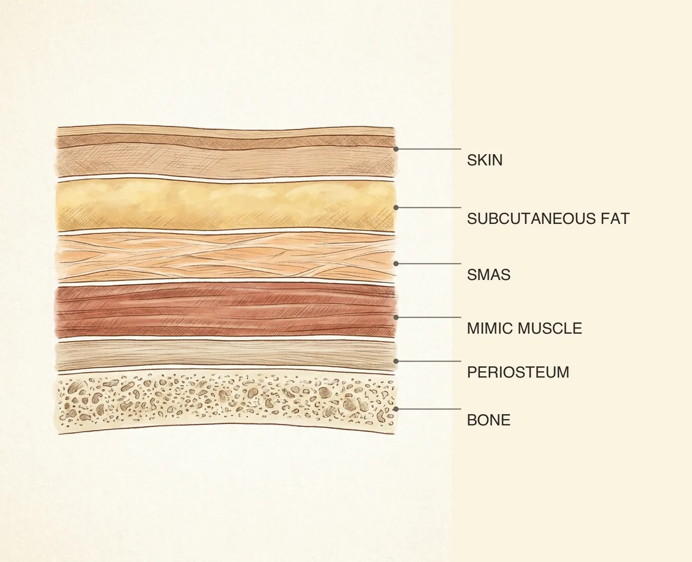 Labeled cross-section of the facial layers: skin, subcutaneous fat, SMAS, mimic muscle, periosteum and bone