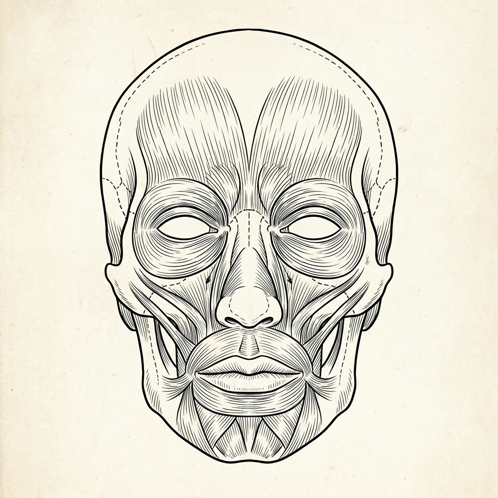 Illustrazione anatomica della muscolatura mimica del viso — lo strato muscolare che un allenamento strutturato mette alla prova