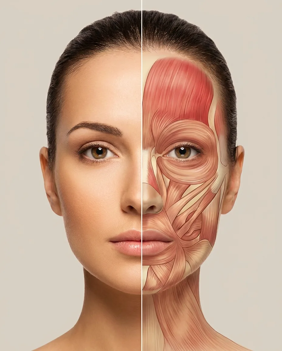 Fotorealistischer Split: links die Hautoberfläche, rechts die darunterliegende Gesichtsmuskulatur, die beiden Schichten, an denen die FACE-Methode® arbeitet