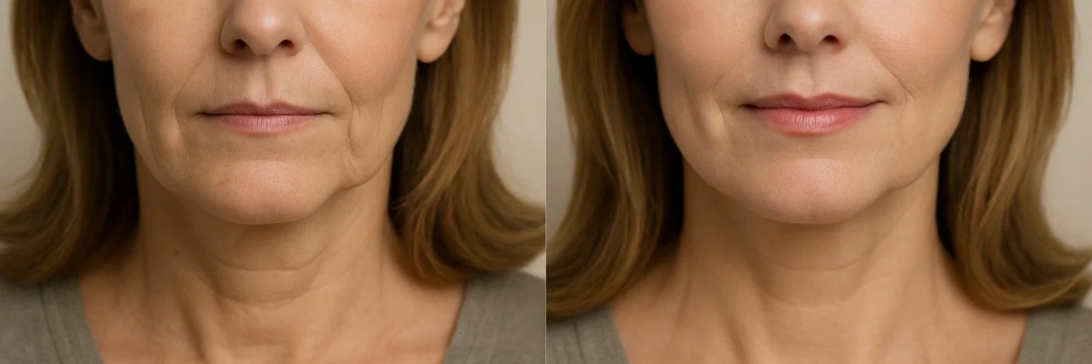 Before-and-after comparison of a woman's face — natural change through facial and lip muscle training with the FACE Method®